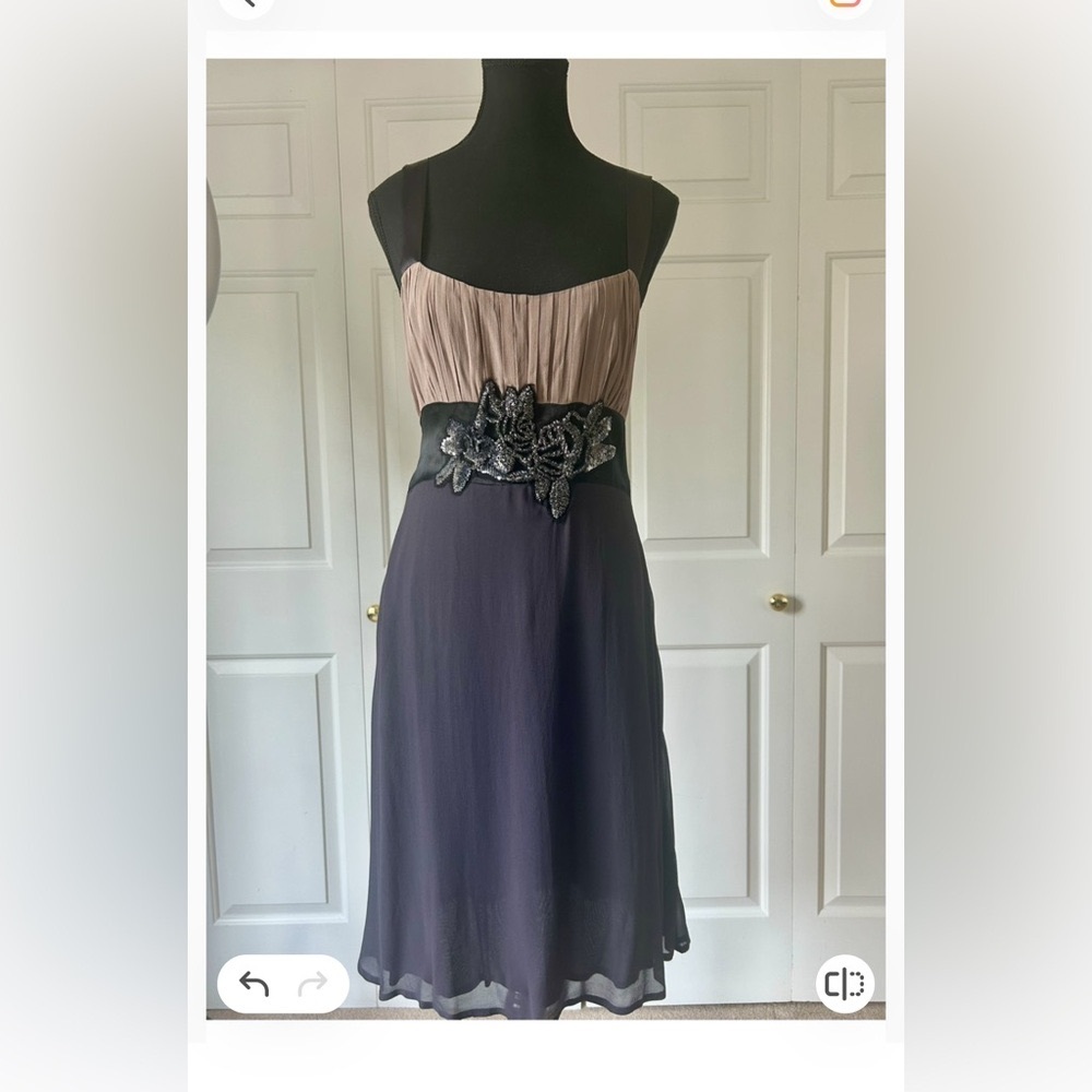 NWT Nougat London Dress-Charcoal-Blue & Tan with Beaded Embellishment Size 6
